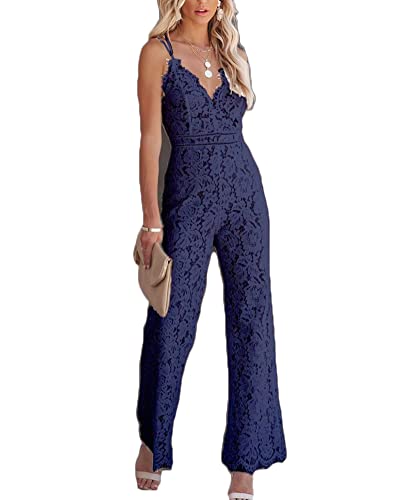 DAIHAN Damen Jumpsuit Elegant V Ausschnitt Spitze Schicke Overall Cocktail Party Overalls Hosenanzug Playsuit Lang Romper,Marine,XS von DAIHAN