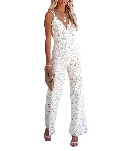 DAIHAN Damen Jumpsuit Elegant V Ausschnitt Spitze Schicke Overall Cocktail Party Overalls Hosenanzug Playsuit Lang Romper,Weiß,L von DAIHAN