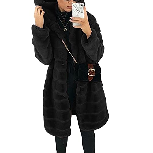 DAIHAN Damen Kunstpelz Mantel Elegant Lang Wintermantel Verdicken Pelzmantel Plüschjacke Warme Outwear Winter Jackemantel Kapuzenjacke mit Taschen,Schwarz,M von DAIHAN