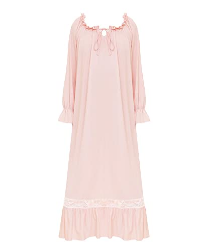 DAIHAN Damen Kurz/Langarm-Nachthemd mit Rüschen Viktorianischer Palast Süß Pyjama im Prinzessinnen-Stil Lange Nachtwäsche, Nachthemd, Loungewear Nachtwäsche-Lounge-Kleid Rosa Langarm von DAIHAN