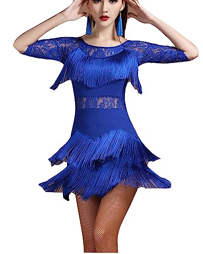 DAIHAN Damen Kurzarm Tanz-Performance-Kostüm Flapper-Kleid mit Spitzenquasten und Fransen Cocktailpartykleid Tanzkleidung Partykleid Tanzkleid Samba Tango Latein Outfits BaoBlau M von DAIHAN