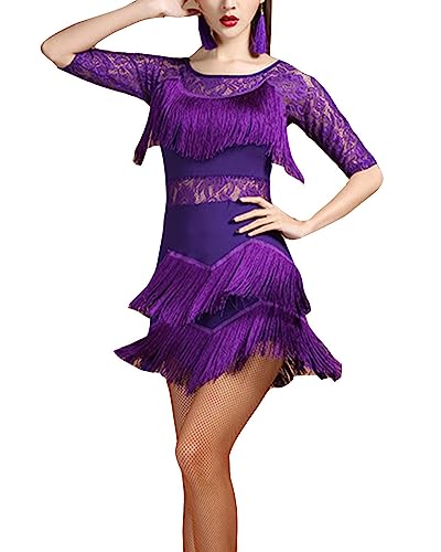 DAIHAN Damen Kurzarm Tanz-Performance-Kostüm Flapper-Kleid mit Spitzenquasten und Fransen Cocktailpartykleid Tanzkleidung Partykleid Tanzkleid Samba Tango Latein Outfits Lila M von DAIHAN