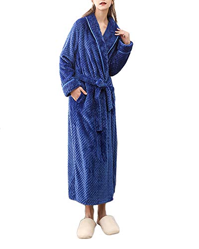 Damen Lang Morgenmantel Herren Bademantel Saunamantel Flauschig Weiche Gemütliche Robe Flanellmantel Nachtwäsche mit Tasche Und Gürtel,Blau 1-Frauen,XXL-3XL von DAIHAN