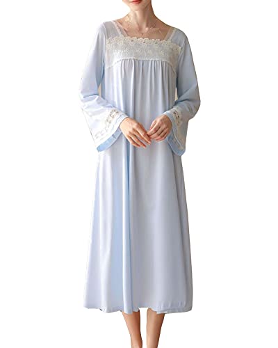 DAIHAN Damen Langarm Loungekleid Viktorianischer Prinzessinnen-Pyjama Spitze mit quadratischem Kragen Langes Nachthemd Braut Hochzeit Nachtkleid Nachtwäsche Blau von DAIHAN