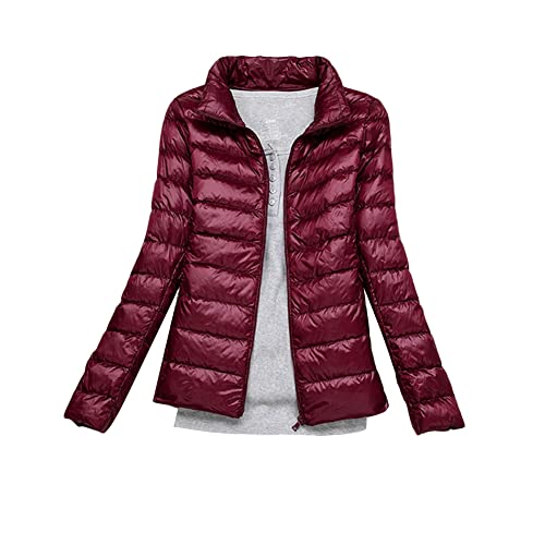 DAIHAN Damen Ultra Leicht Daunenjacke Übergangsjacke Steppjacke Kurz Winterjacken Wintermäntel Einfarbig Steppmäntel Winddicht Steppjacke Wintermantel Daunenmantel Warme Jacke,Weinrot,L von DAIHAN