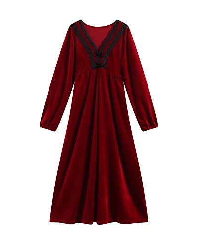 DAIHAN Damen Victorian Princess Palace Schlafanzug Samt Nachtwäsche Spitze mit Bowknot Nachthemd Maxi Nachtkleid Nachthemden Loungewear Schlafanzüge Sleepwear Rot von DAIHAN