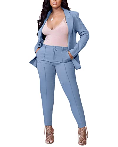 DAIHAN Damen Zweiteiliger Anzug Set Revers Business Büro Formal Blazer Langarm Blazer Anzugjacke Hosenanzug Slim Fit Hose 2 Stück Für Office Hochzeit,Blau2,L von DAIHAN