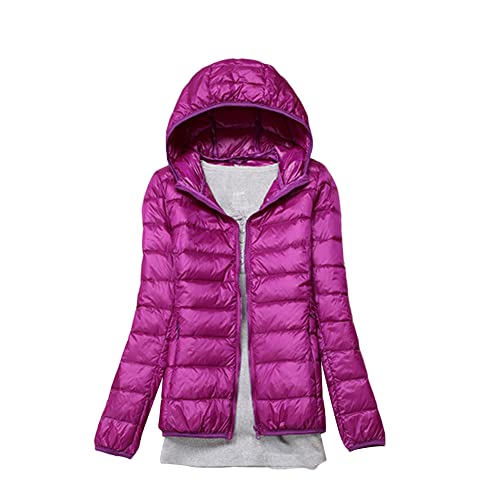 Daunenjacke für Damen Kurz Winterjacken mit Kapuze Steppjacke Dickere Warm Übergangsjacke Reißverschluss Wintermäntel Oversized Warm Kapuzenjacken Einfarbig Steppmäntel,Fuchsie,L von DAIHAN