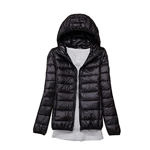 Daunenjacke für Damen Kurz Winterjacken mit Kapuze Steppjacke Dickere Warm Übergangsjacke Reißverschluss Wintermäntel Oversized Warm Kapuzenjacken Einfarbig Steppmäntel,Schwarz,L von DAIHAN