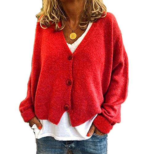 DAIHAN Gestrickte Jacke Strickjacke Damen Cardigan Strickpullover Kurz Jäckchen Langarm Strickmantel,Rot,L von DAIHAN