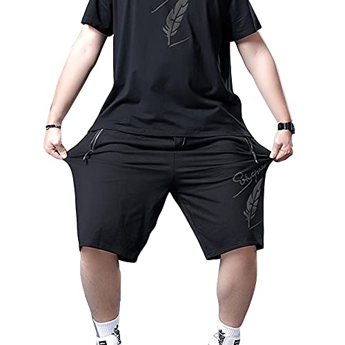 DAIHAN Herren 2 Stück Groß und groß Eisseide O-Neck Kurzarm Einfarbiges T-Shirt-Oberteil und Shorts mit Federmuster Split Fitnessbekleidung Sporthose Freizeitanzug Jogginganzug Sportanzug von DAIHAN
