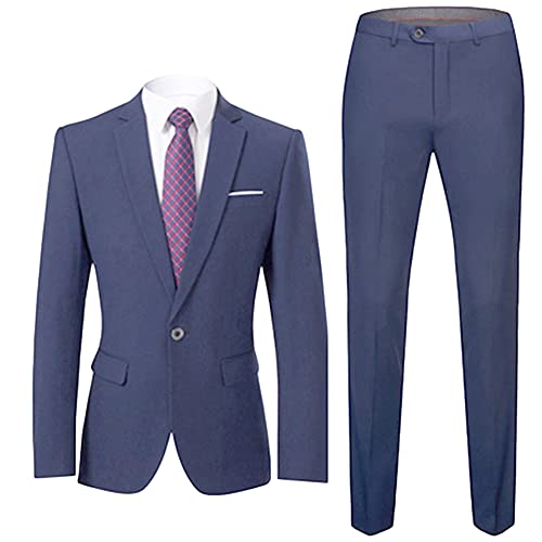 DAIHAN Herren Anzugjacke Slim Fit 2 Teilig Einfarbig Modern Sakko für Hochzeit Party Abschluss Business Sakko Anzugjacken Mantel Einfarbig Lässig Business Blazer Hose Set,Blau 2,3XL von DAIHAN