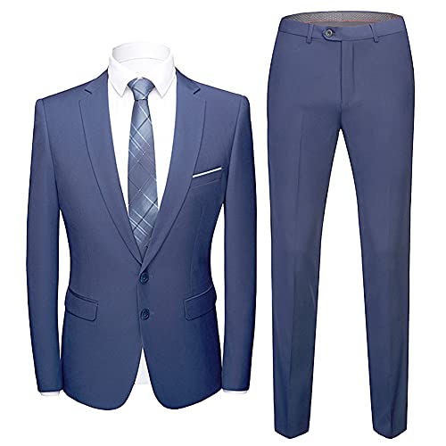 DAIHAN Herren Anzugjacke Slim Fit 2 Teilig Einfarbig Modern Sakko für Hochzeit Party Abschluss Business Sakko Anzugjacken Mantel Einfarbig Lässig Business Blazer Hose Set,Blau 3,3XL von DAIHAN