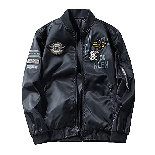 Herren Bomberjacke Bestickte Baseball-Uniform Trend Windjacke mit Reißverschluss Taktischer Übergangsjacke Militärmantel Varsity Fliegerjacke Dünne Jacke mit Taschen Schwarz 4XL von DAIHAN