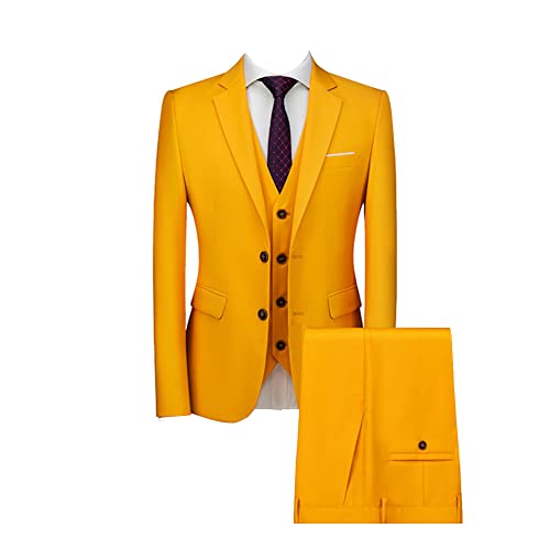 DAIHAN Herren Dreiteiliger Hochzeitsanzug für Zeremonien Elegantes Formales 3-teiliger Herren Anzüge Smoking-Anzug Sakko Jacke & Weste & Hose für Business-Dinner-Party Gelb XL von DAIHAN