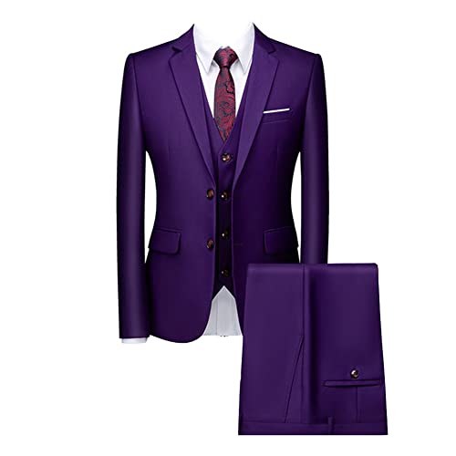 DAIHAN Herren Dreiteiliger Hochzeitsanzug für Zeremonien Elegantes Formales 3-teiliger Herren Anzüge Smoking-Anzug Sakko Jacke & Weste & Hose für Business-Dinner-Party Lila L von DAIHAN