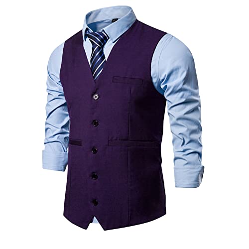 DAIHAN Herren Formale Hochzeit Party Weste Einfarbig Weste Slim fit V-Ausschnitt Ärmellose Weste Jacke Anzugweste,Lila Rot,XL von DAIHAN