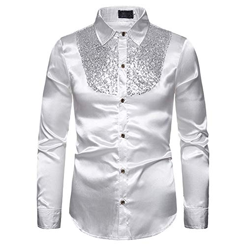 DAIHAN Herren Glitzernde Pailletten Hemd Button Down Langarm 70er Disco Party Kostüm Weiß L von DAIHAN