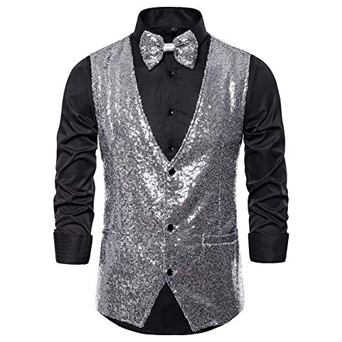 DAIHAN Herren Hochzeitsweste mit Krawatte V-Ausschnitt Slim Fit Anzug Weste Pailletten Anzugweste Silber L von DAIHAN