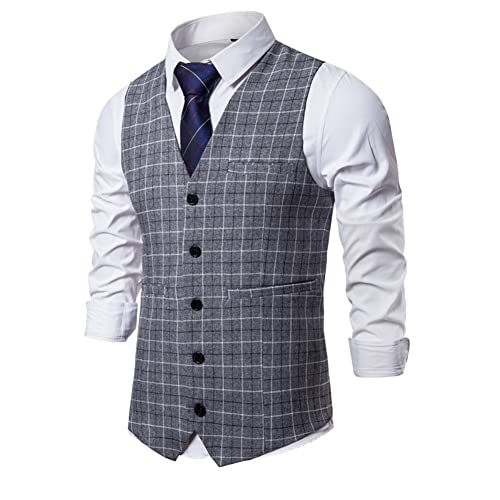 DAIHAN Herren Karierte Weste Formale Hochzeit Anzug Westen Slim fit V-Ausschnitt Ärmellose Gilet Anzugweste,Grau,XXL von DAIHAN