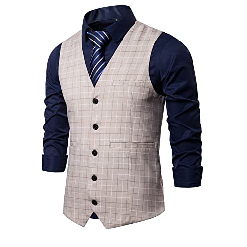 DAIHAN Herren Karierte Weste Formale Hochzeit Anzug Westen Slim fit V-Ausschnitt Ärmellose Gilet Anzugweste,Kamel,L von DAIHAN
