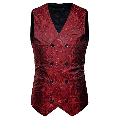 DAIHAN Herren Klassische Paisley Jacquard Weste V-Ausschnitt Ärmellose Fit Business Hochzeit Anzug Westen Elegant Anzugweste Stil Blazer,Rot,XL von DAIHAN