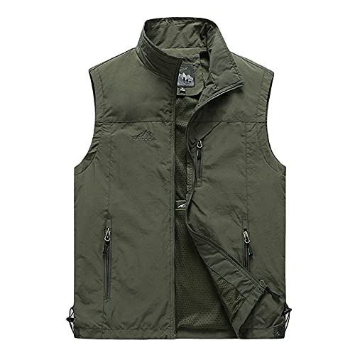DAIHAN Herren Outdoor Fotografie Wandern Weste Camping Vest Anglerweste Leichte Softshell Safari Weste Sommer Multifunktionsweste Atmungsaktiv Ärmellos Jacke,Armeegrün,6XL von DAIHAN