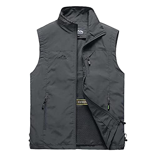 DAIHAN Herren Outdoor Fotografie Wandern Weste Camping Vest Weste Anglerweste Leichte Softshell-Weste Safari Weste Sommer Multifunktionsweste Atmungsaktiv Ärmellos Jacke,Dunkelgrau,4XL von DAIHAN