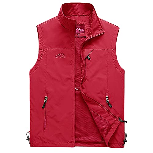 DAIHAN Herren Outdoor Fotografie Wandern Weste Camping Vest Anglerweste Leichte Softshell Safari Weste Sommer Multifunktionsweste Atmungsaktiv Ärmellos Jacke,Rot,6XL von DAIHAN