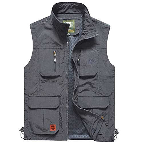 DAIHAN Herren Outdoor Weste Camping Vest Multi-Taschen Jacke Jagd Angeln Camping Wandern Funktionsweste Hundesport Vest Fishing Gilet Softshell Weste Sport Weste Fotograf Weste,Grau,XL von DAIHAN