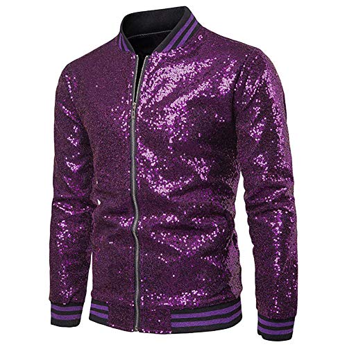 DAIHAN Herren Sparkle Glitzer Pailletten Langarm Reißverschluss Jackenmantel Abendmode Blazer Freizeit Bomberjacke Violett S von DAIHAN