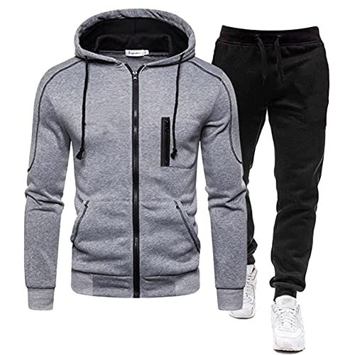 DAIHAN Herren Trainingsanzug Jogginganzug Sportanzug Jogginghose Sporthose und Trainingsjacke Gym Sportbekleidung Freizeitanzug Langarm Kapuzenjacke+Hosen Slim Fit Zweiteiliger,Grau,XXL von DAIHAN
