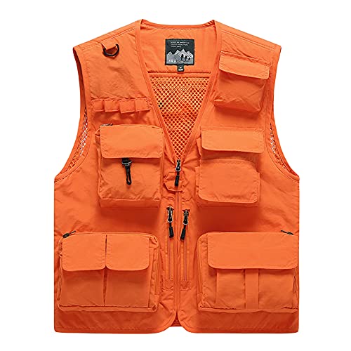 DAIHAN Herren Weste Jacke Sommer Outdoor Ärmellos Jacke Multi Taschen Funktionsweste Leicht Mesh Atmungsaktiv Anglerweste Jagd Wandern Weste Freizeit Jacke,Orange,L von DAIHAN
