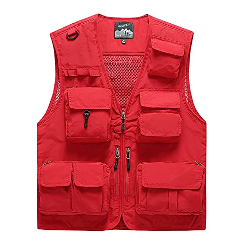 DAIHAN Herren Weste Jacke Sommer Outdoor Ärmellos Jacke Multi Taschen Funktionsweste Leicht Mesh Atmungsaktiv Anglerweste Jagd Wandern Weste Freizeit Jacke,Rot,4XL von DAIHAN