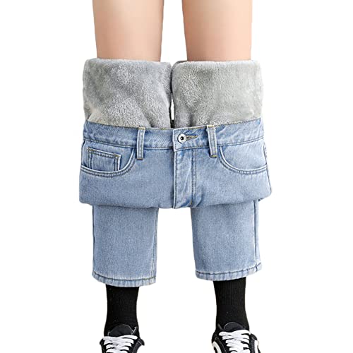 Jeans Damen Straight-High-Waist Winter-Gefüttert-Thermohose Thermojeans Lang Winterhose Jeans mit Fleecefutter Hohe Taille Warme Thermo Jeanshose,Blau2,L von DAIHAN