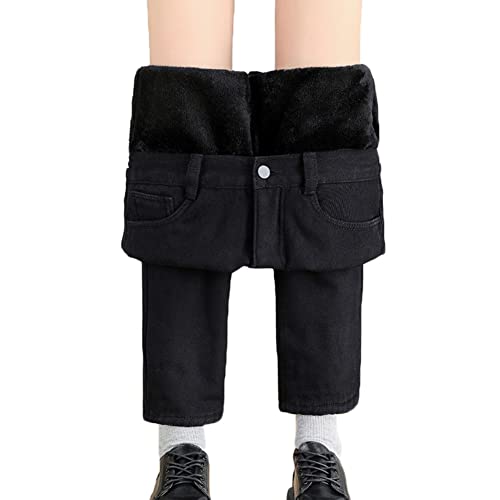 Jeans Damen Straight-High-Waist Winter-Gefüttert-Thermohose Thermojeans Lang Winterhose Jeans mit Fleecefutter Hohe Taille Warme Thermo Jeanshose,Schwarz,S von DAIHAN