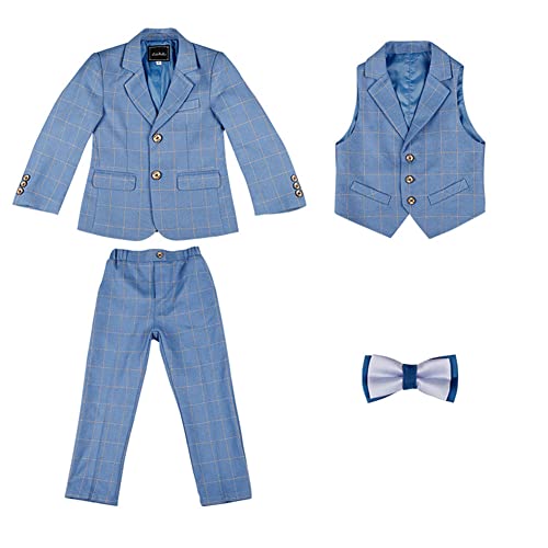 DAIHAN Jungen Karierter Anzug Hell gefärbt Schlanke Passform Kinderanzug Formaler Blazer Hemd Hosen Weste Und Smoking-Revers-Hose Performance-Hochzeitsanzug Gentleman-Outfit 4PCS 160 von DAIHAN
