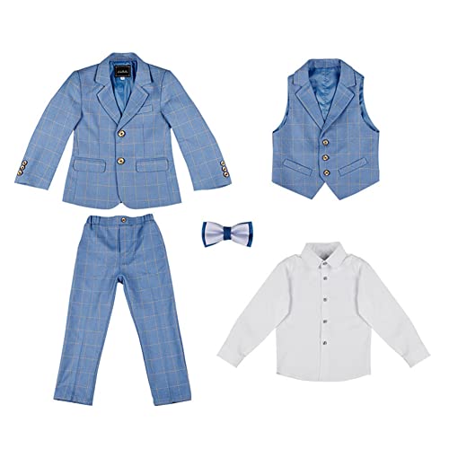 DAIHAN Jungen Karierter Anzug Hell gefärbt Schlanke Passform Kinderanzug Formaler Blazer Hemd Hosen Weste Und Smoking-Revers-Hose Performance-Hochzeitsanzug Gentleman-Outfit 5PCS 160 von DAIHAN