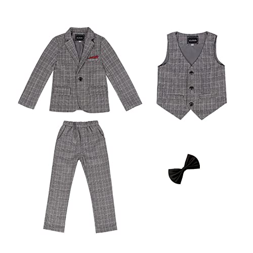 DAIHAN Jungen Kinder Anzug Karierter Hochzeitsanzug Smoking Formelle Taufkleidung Gentleman-Tweed-Outfit-Set Freizeitkleidung Fliege Blazer & Hosen-Outfit Dinner-Anzug für Hochzeit Grau(4PCS) 90 von DAIHAN