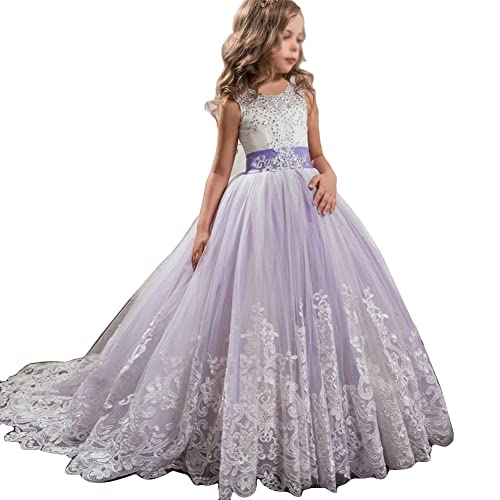 DAIHAN Kinder Elegant Lang Spitzenkleid Tüllkleider Mädchen Bestickt Prinzessin Kleider Ballkleider Cocktailkleid Hochzeit Kleid Festzug Cocktailkleid Abendkleid,Violett,170 von DAIHAN