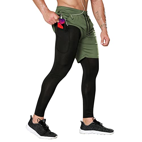 DAIHAN Kompressionshose Herren Laufhose Lang Legging Laufshorts 2 In 1 Kurze Running Sporthose für Sport, Training, Fitness, Radfahren, Yoga, Wandern, Basketball,Armeegrün,M von DAIHAN