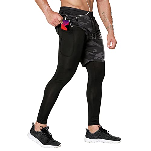 DAIHAN Kompressionshose Herren Laufhose Lang Legging Laufshorts 2 In 1 Kurze Running Sporthose für Sport, Training, Fitness, Radfahren, Yoga, Wandern, Basketball,Camo,L von DAIHAN