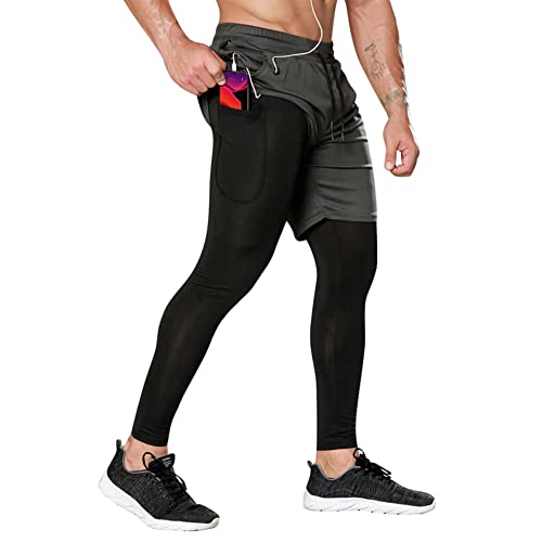 DAIHAN Kompressionshose Herren Laufhose Lang Legging Laufshorts 2 In 1 Kurze Running Sporthose für Sport, Training, Fitness, Radfahren, Yoga, Wandern, Basketball,Grau,L von DAIHAN