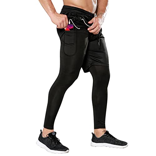 DAIHAN Kompressionshose Herren Laufhose Lang Legging Laufshorts 2 In 1 Kurze Running Sporthose für Sport, Training, Fitness, Radfahren, Yoga, Wandern, Basketball,Schwarz,XL von DAIHAN