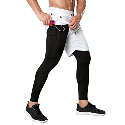 DAIHAN Kompressionshose Herren Laufhose Lang Legging Laufshorts 2 In 1 Kurze Running Sporthose für Sport, Training, Fitness, Radfahren, Yoga, Wandern, Basketball,Weiß,S von DAIHAN