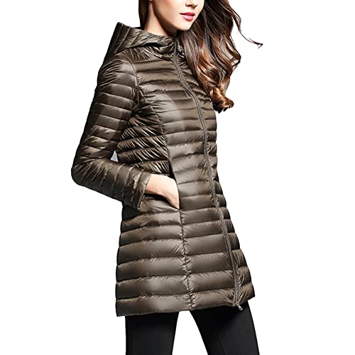 DAIHAN Leichte Daunenjacke Damen Lang Leichter Daunenmantel Steppjacke mit Kapuze Steppmantel Übergangsjacke Stepp Jacke Winterjacke Parka,Armeegrün,XXL von DAIHAN