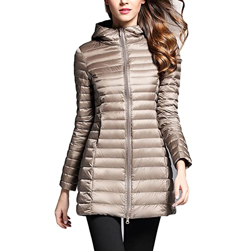 DAIHAN Leichte Daunenjacke Damen Lang Leichter Daunenmantel Steppjacke mit Kapuze Steppmantel Übergangsjacke Stepp Jacke Winterjacke Parka,Khaki,M von DAIHAN