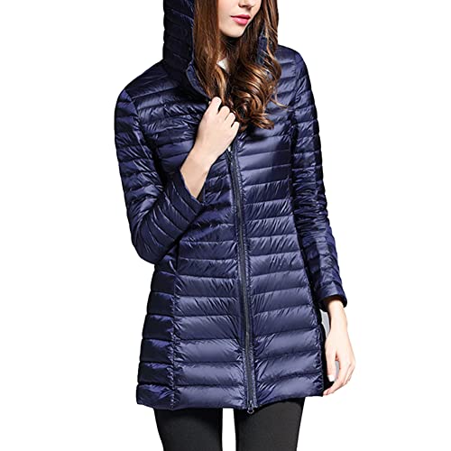 DAIHAN Leichte Daunenjacke Damen Lang Leichter Daunenmantel Steppjacke mit Kapuze Steppmantel Übergangsjacke Stepp Jacke Winterjacke Parka,Marine,XS von DAIHAN