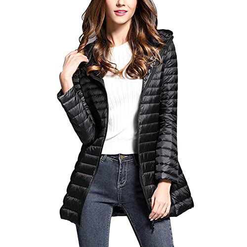 DAIHAN Leichte Daunenjacke Damen Lang Leichter Daunenmantel Steppjacke mit Kapuze Steppmantel Übergangsjacke Stepp Jacke Winterjacke Parka,Schwarz,XS von DAIHAN