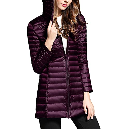 DAIHAN Leichte Daunenjacke Damen Lang Leichter Daunenmantel Steppjacke mit Kapuze Steppmantel Übergangsjacke Stepp Jacke Winterjacke Parka,Violett,XL von DAIHAN